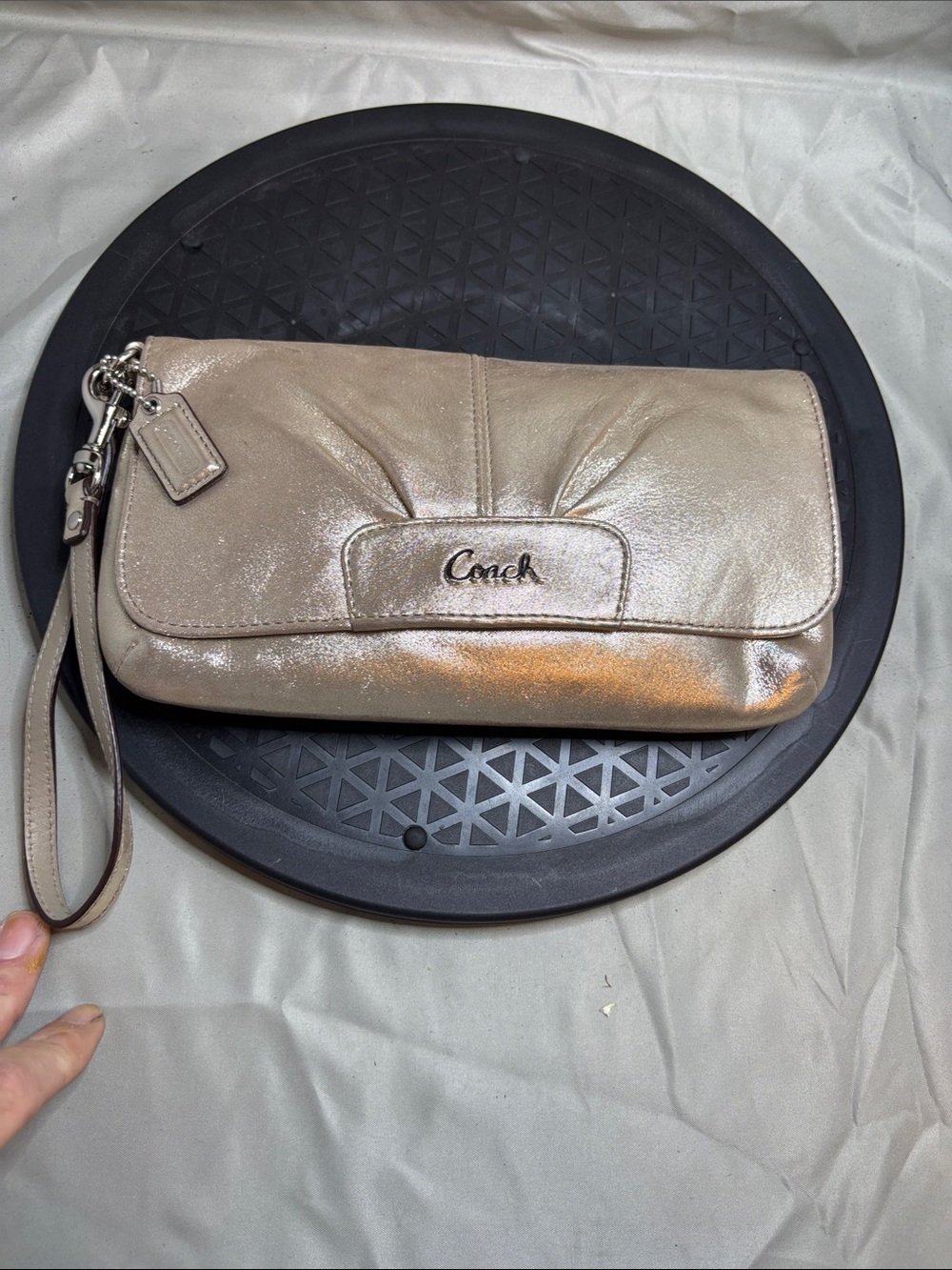 Coach Metallic Taupe Leather Wristlet Clutch with Detachable Strap